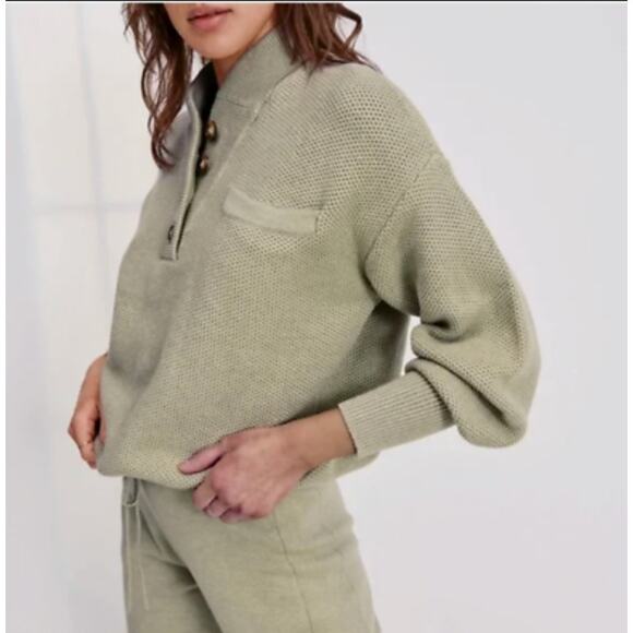 Lunya Light Green Cozy Cotton Silk Pocket Henley Sweater - Picture 3 of 7